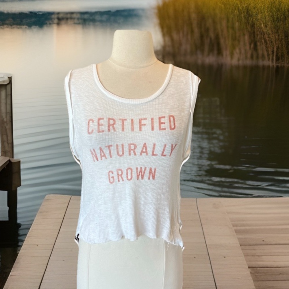 Certified Naturally Grown Top White Stretchy Tank Graphic Womens Small Beach